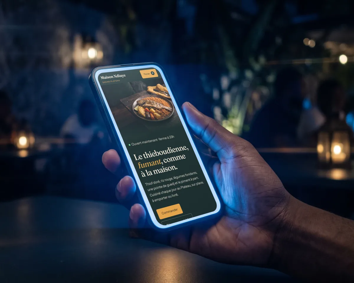 Une main tient un téléphone dans un restaurant le soir, l’écran affiche la maquette du restaurant Maison Ndiaye