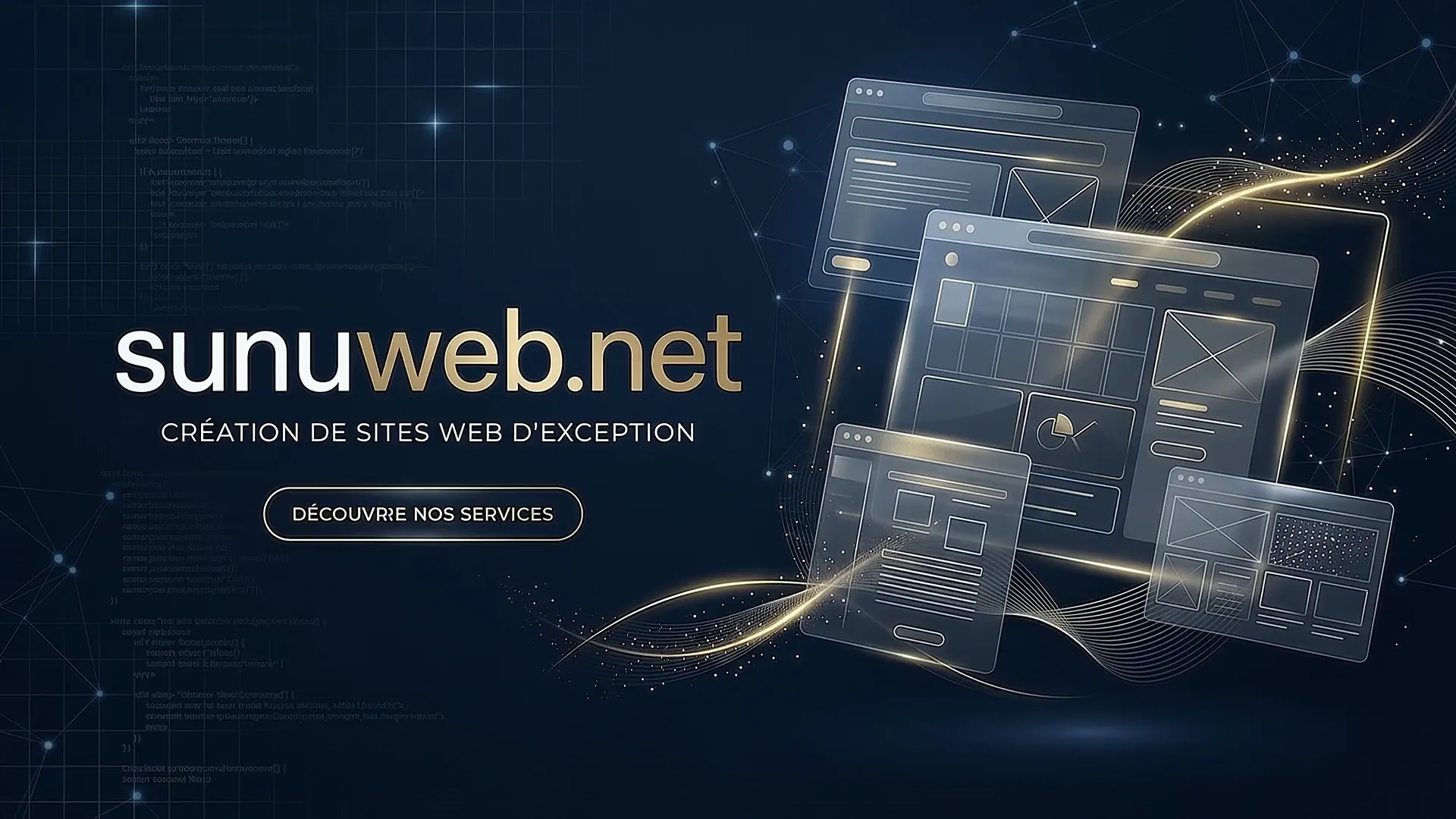 Le logo sunuweb.net entouré de maquettes de sites en verre, qui se désintègrent en poussière lumineuse