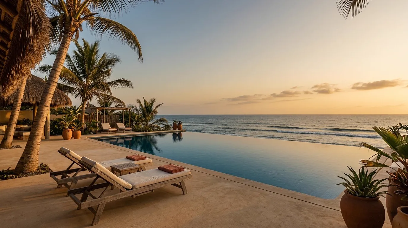 Piscine à débordement face à l’océan au coucher du soleil, Saly